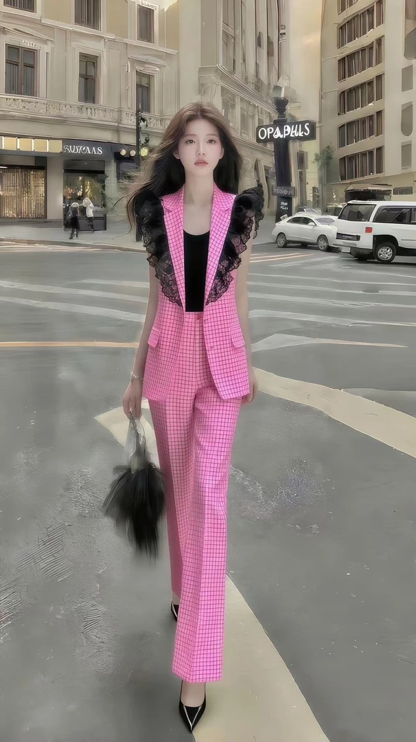 新款时尚轻熟知性风粉色蕾丝边飞飞袖外套+百搭休闲长裤格子套装
