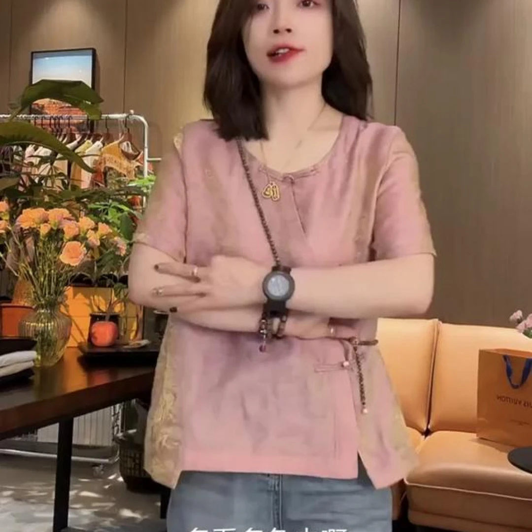 2025夏季洋气显白设计感时尚盘扣纯色提花国风衫女新中式上衣