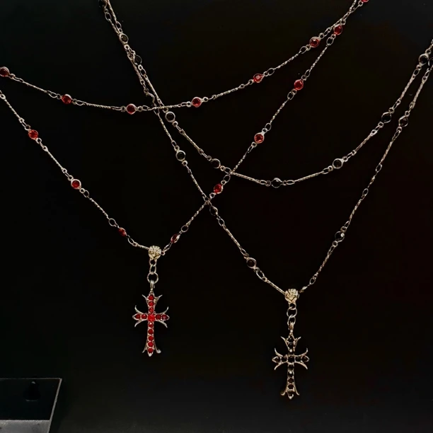 合金项链 【17SR】双珠链十字架黑红小众设计感项链