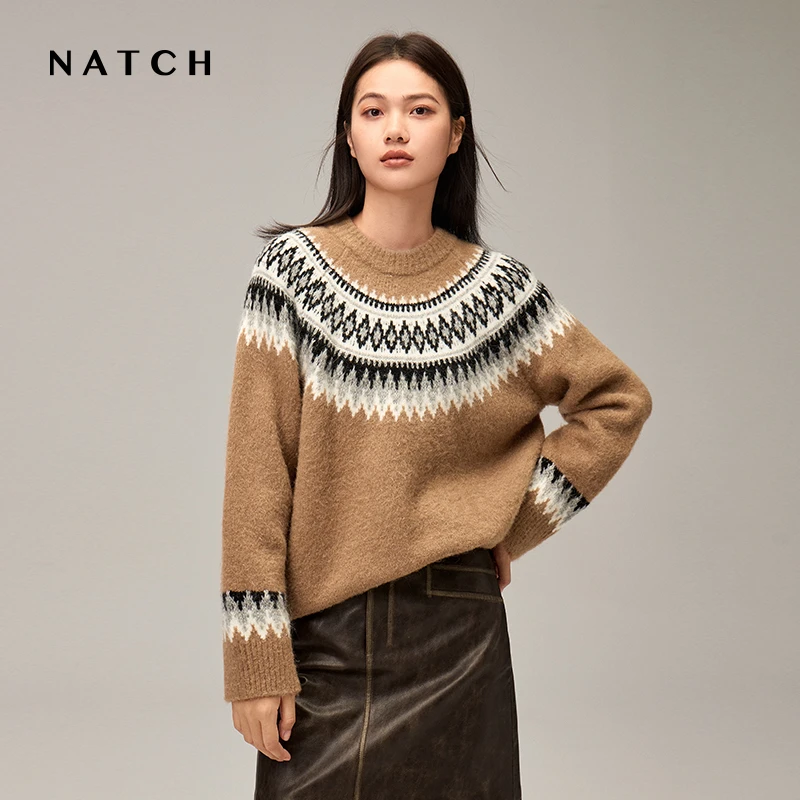 NATCH/南枳宽松费尔岛慵懒风红色毛衣女2025春季新款减龄针织上衣