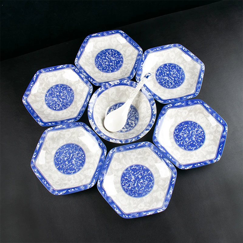 发青花瓷六角盘6个+1个8英寸汤碗+1只同款汤勺 破损联系