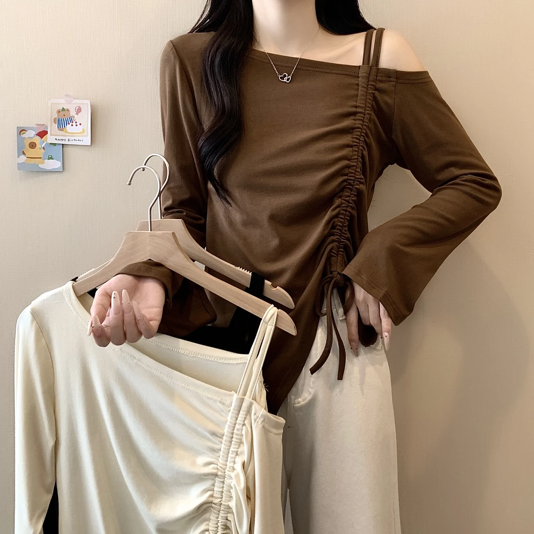 2025秋季大码女装新款抽绳斜肩不规则长袖上衣3719