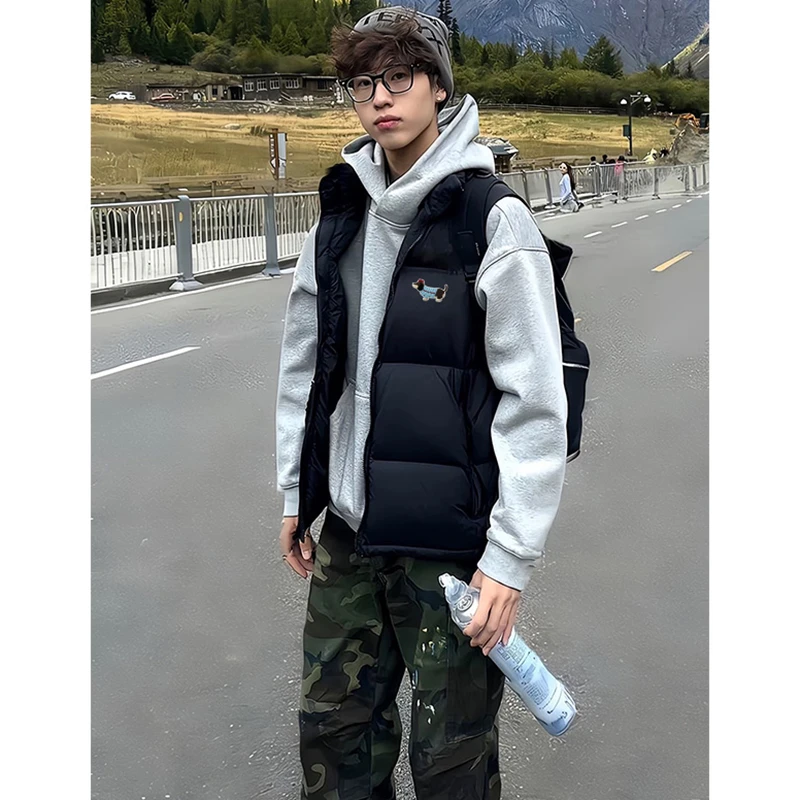 美式街头腊肠狗印花立领马甲外套男冬季潮牌百搭休闲坎肩无袖棉服