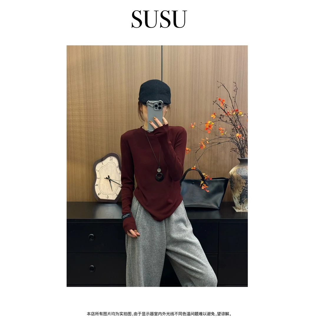 SuSu-2024秋冬新款【暖宝宝黑标T】加绒加厚坑条显瘦黑标打底T恤