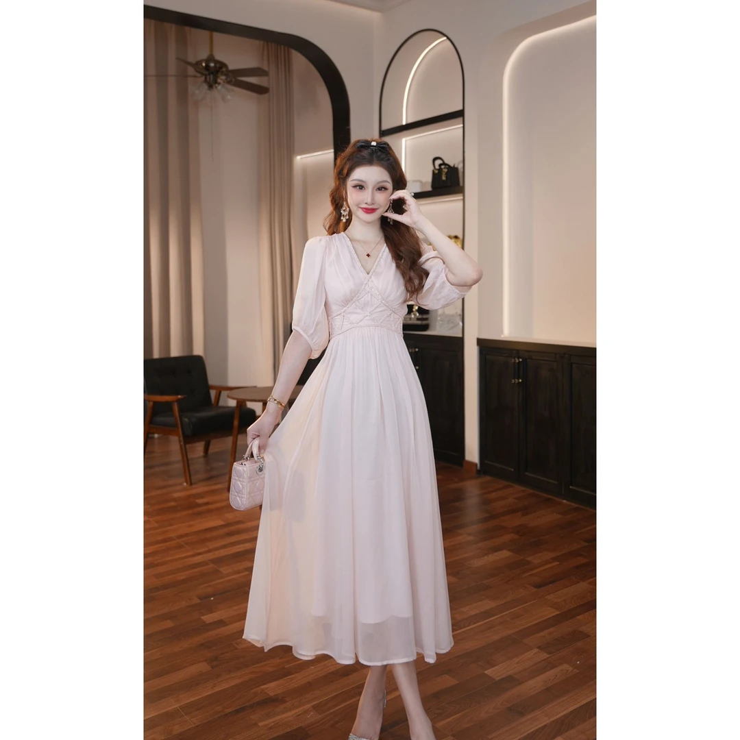 设计师新款优雅长裙长袖连衣裙V领气质常规小礼服45216