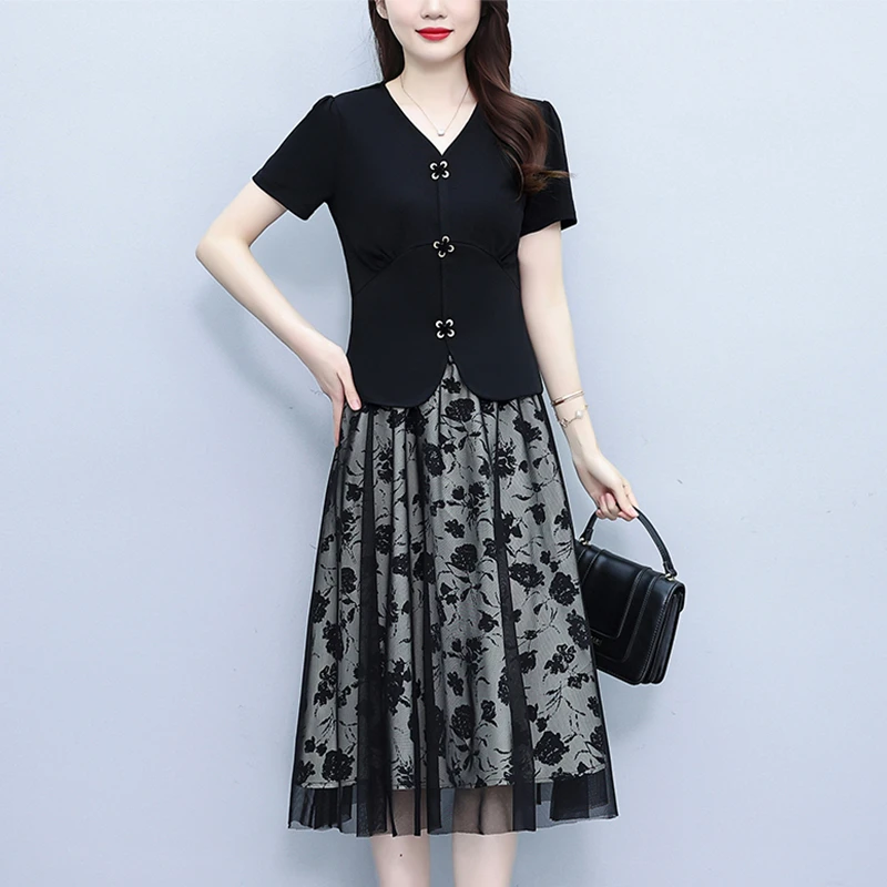 中年妈妈时尚套装高级感两件套裙装显瘦夏季大码女上衣半身裙子