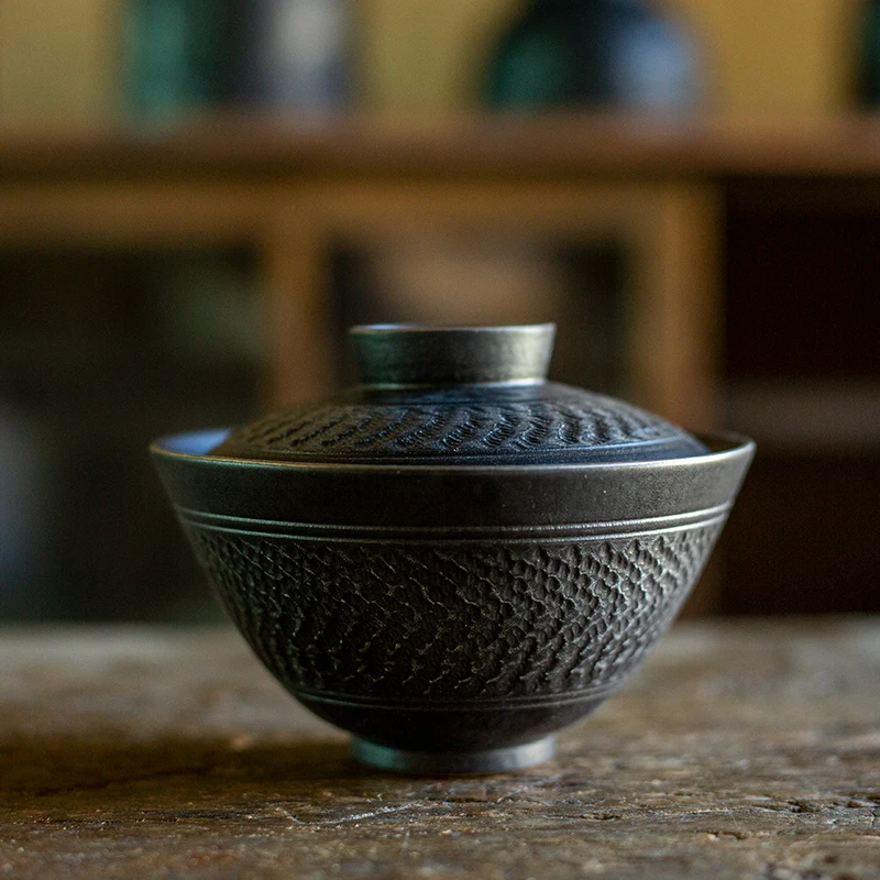 *新款陶瓷复古茶具泡茶碗黑色磨砂手感盖碗中式家用黑盖