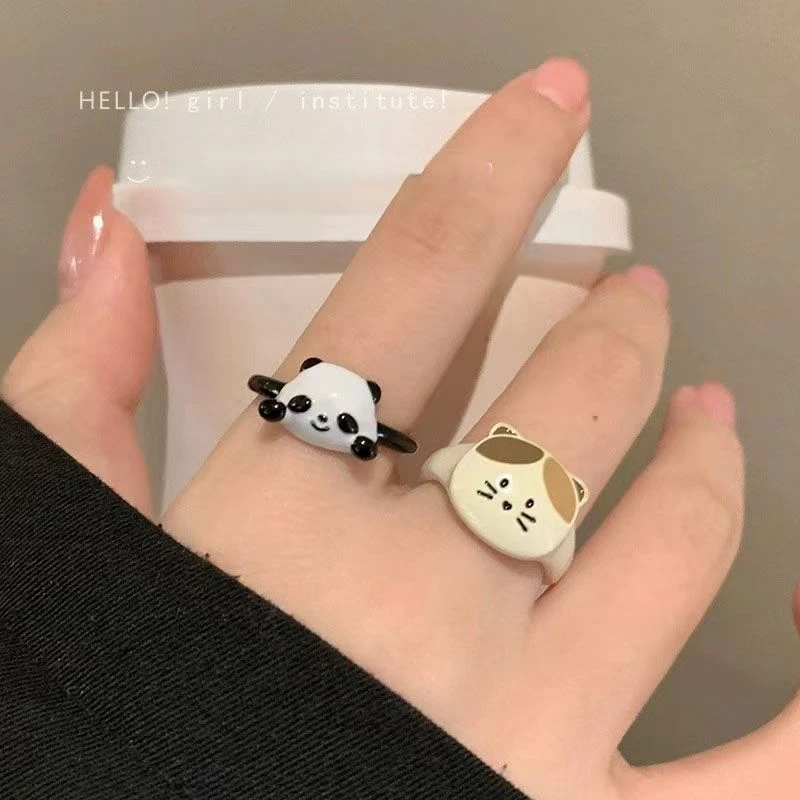 合金戒指 童趣可爱滴釉小熊猫小花猫开口戒指闺蜜情侣学生党礼物