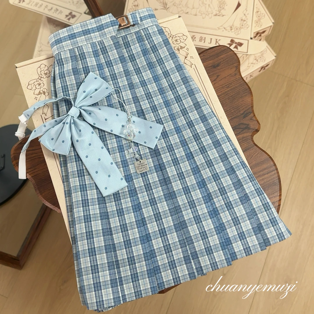 碎浪/川野木子原创正版校供感JK格裙A字半身裙小蓝格百褶短裙