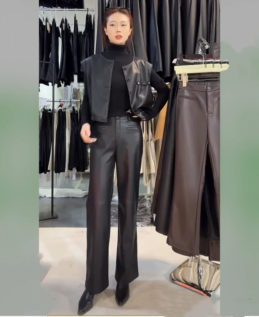 【海宁正品】窄版拖地裤>新款紧身修身烟管裤束腿裤长皮裤九分女裤