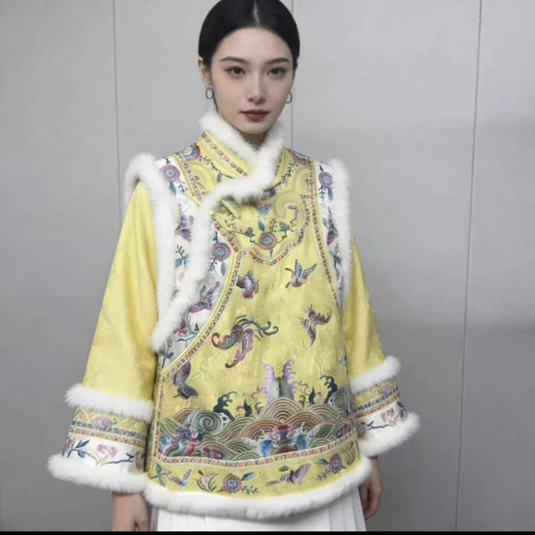 岚盈栖新款百蝶刺绣水貂毛棉马甲加厚时尚加绒秋冬3157中式