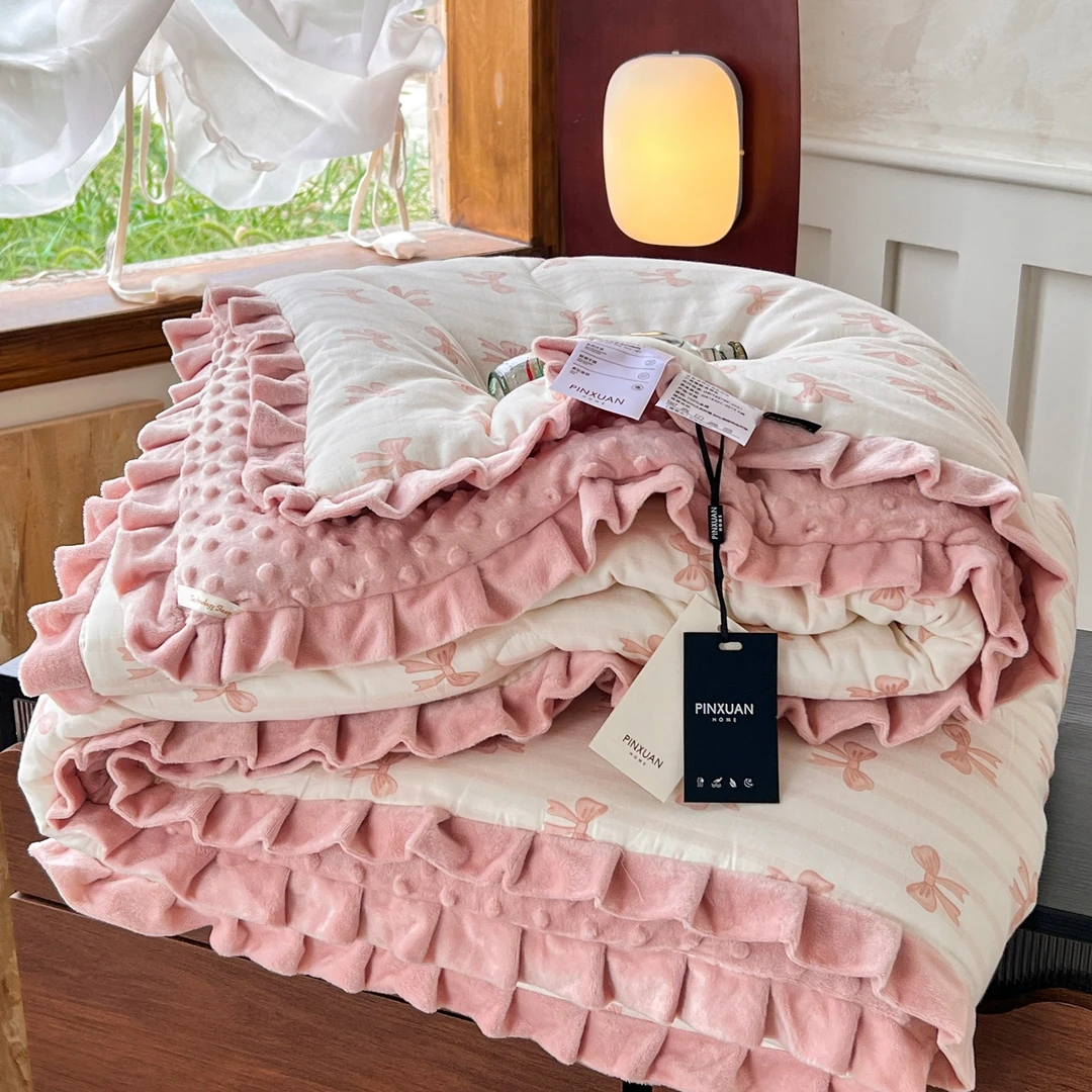 双层纱春秋被豆豆被韩式花边碎花被芯加厚冬被保暖单人被子可机洗