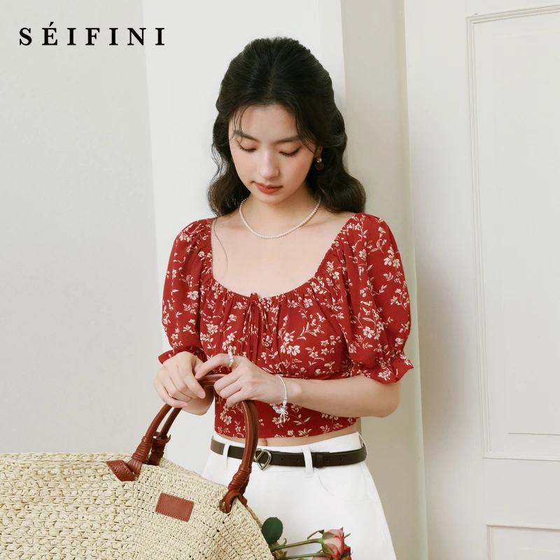 【石榴小衫】诗凡黎泡泡袖碎花上衣新红色大方领打揽衬衫7G4220741