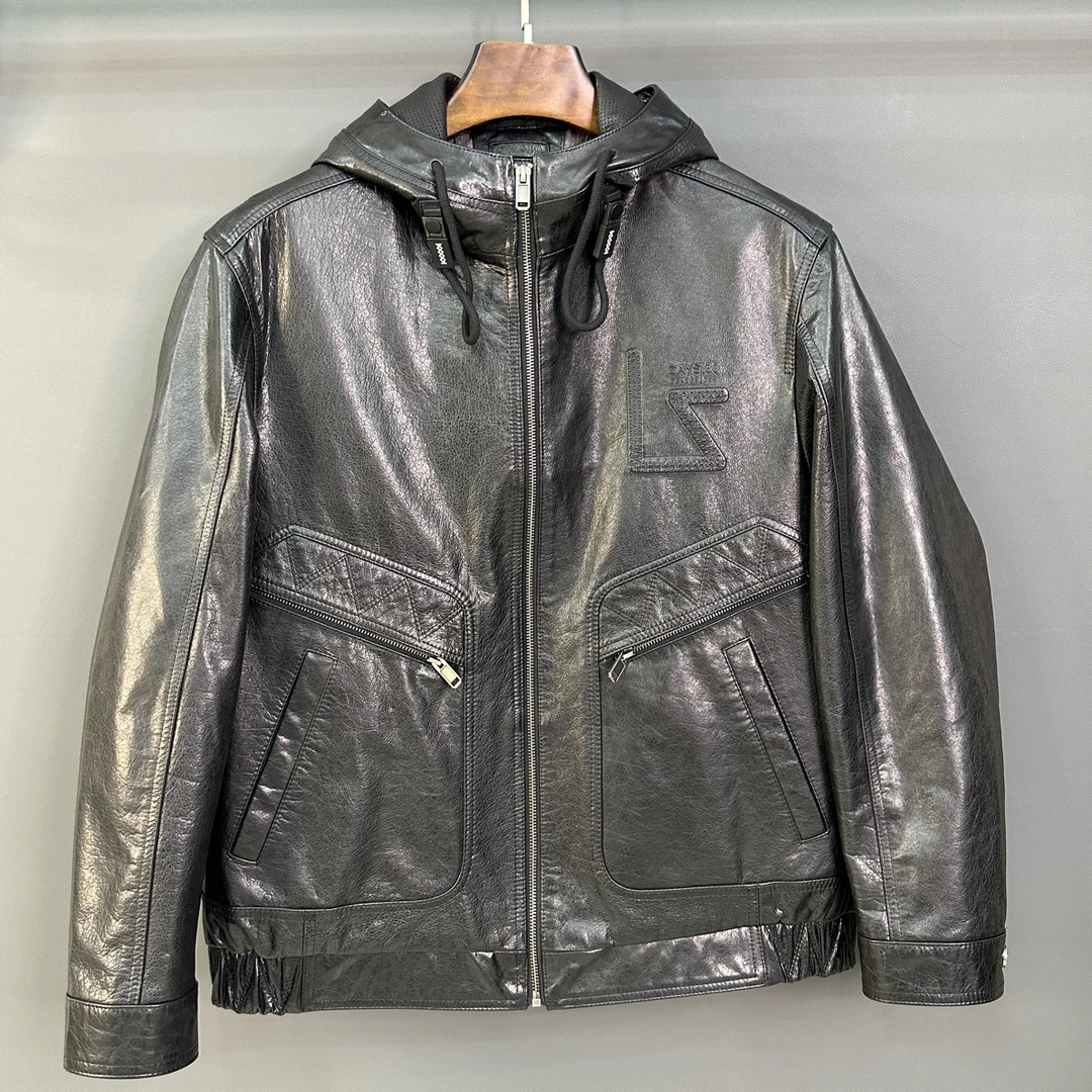 2025男士真皮海宁皮衣连帽牛皮油蜡皮夹克新款冬季短款休闲外套