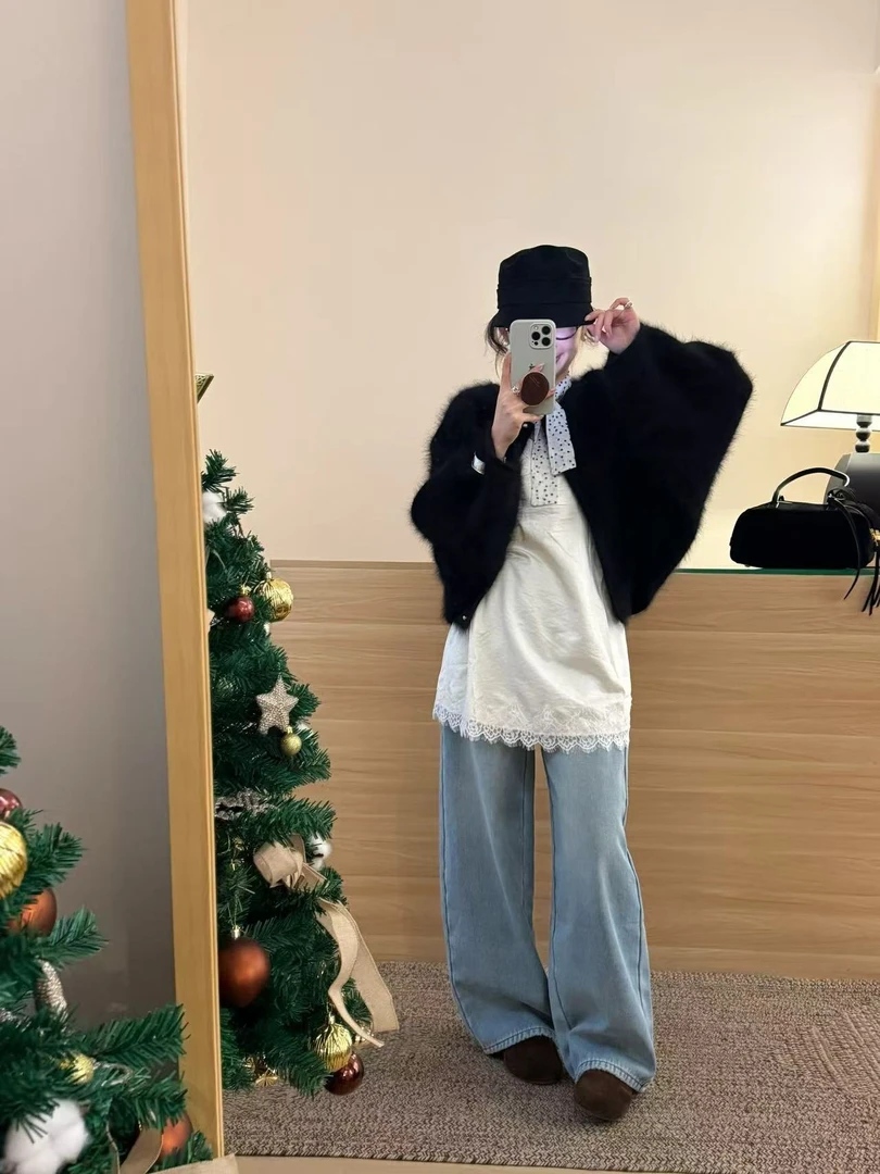 2025秋冬新款高级感毛毛外套打底衫上衣百搭牛仔裤气质三件套装