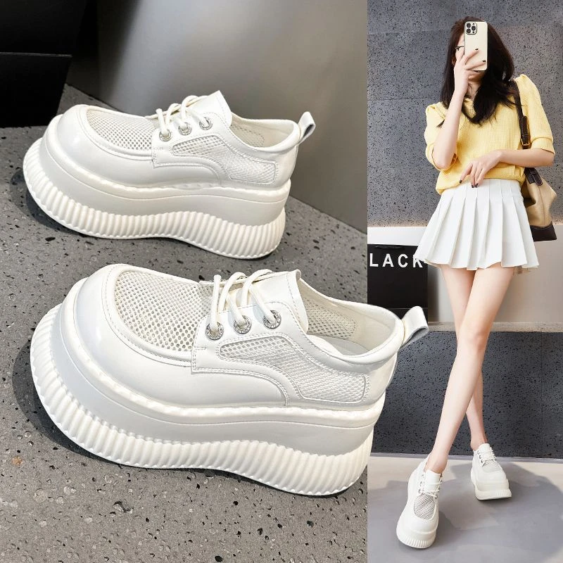 073松糕乐福鞋夏季新款透气网面厚底皮鞋女鞋轻便软底系带休闲鞋