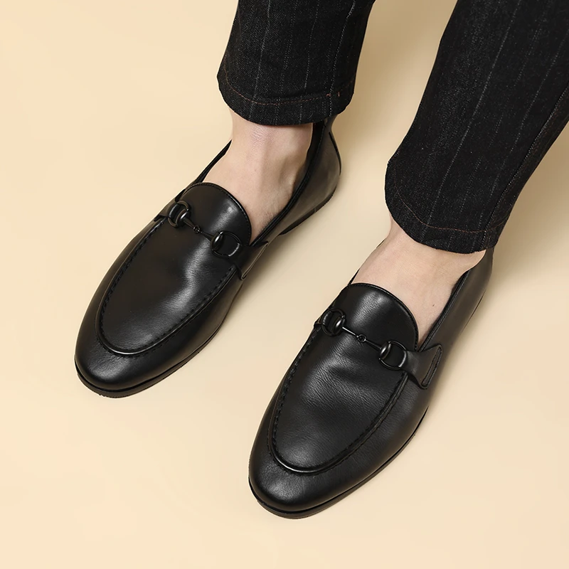 春夏新款乐福鞋一脚蹬真皮豆豆鞋马衔扣潮流懒人鞋百搭休闲皮鞋男