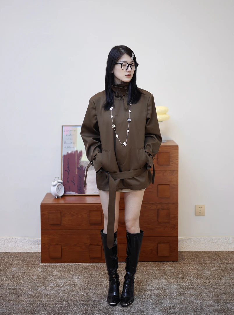 咖色立领风衣外套女2025春秋新款韩系慵懒高级感中长款收腰大衣