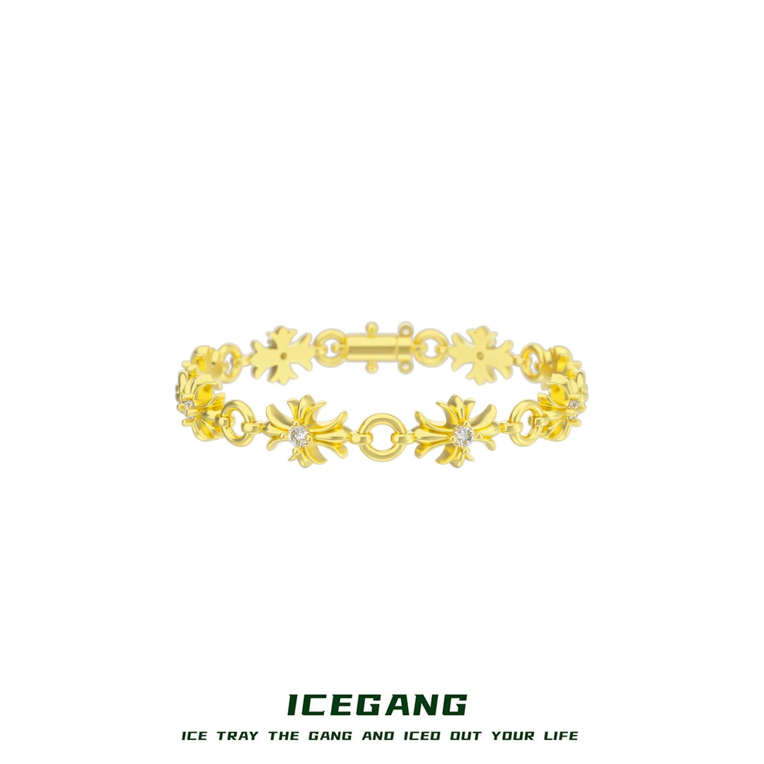 ICEGANG 铜合金莫桑石手链 金色十字架点钻手链复古小众经典轻奢
