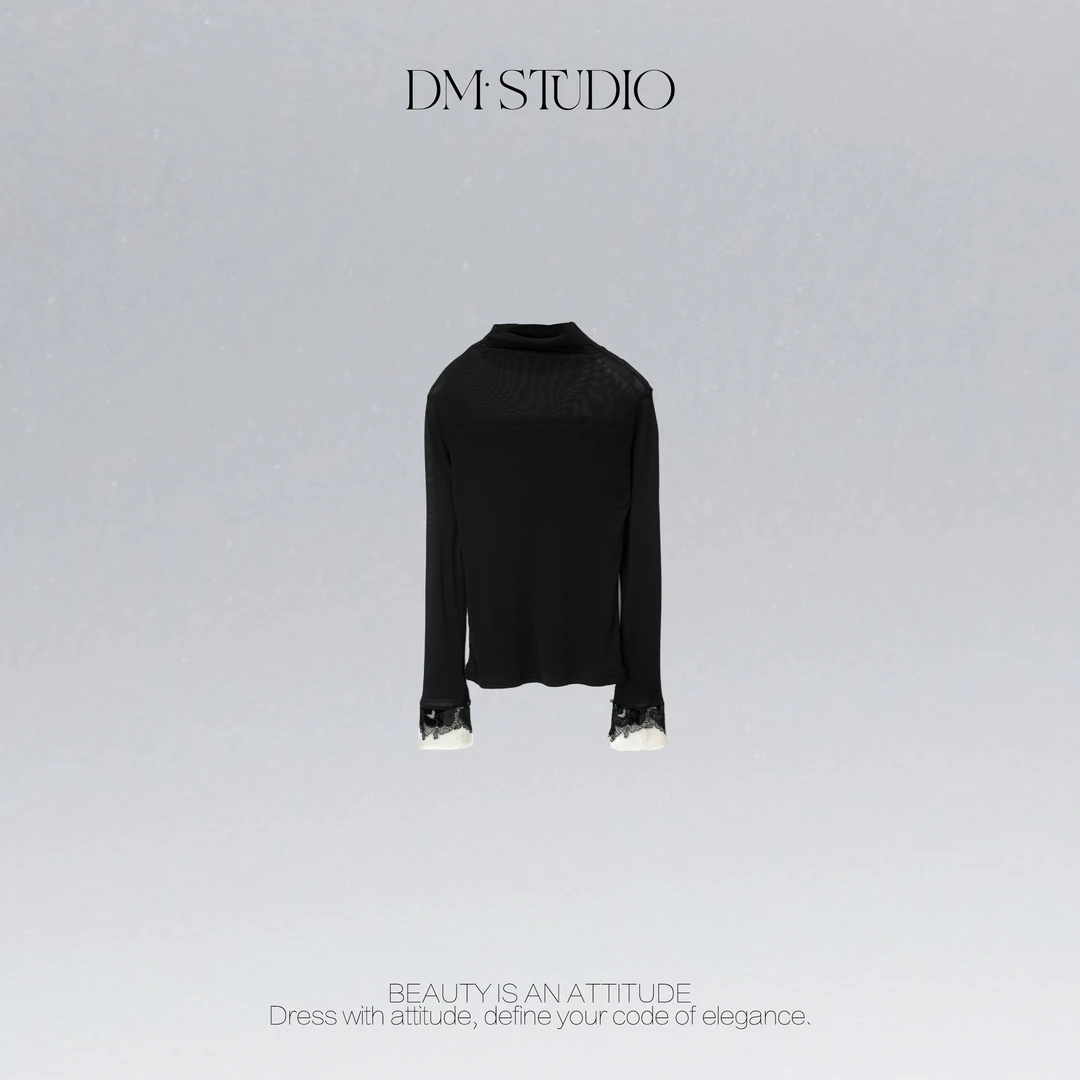 DEDM•STUDIO精致减龄显瘦半高领蕾丝喇叭袖打底上衣2509TX/72075