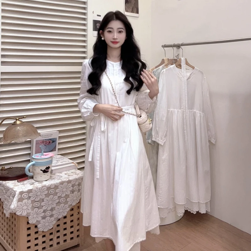 【清仓】0468法式简单大方高级感连衣裙女2025早秋季白色掐腰连衣裙