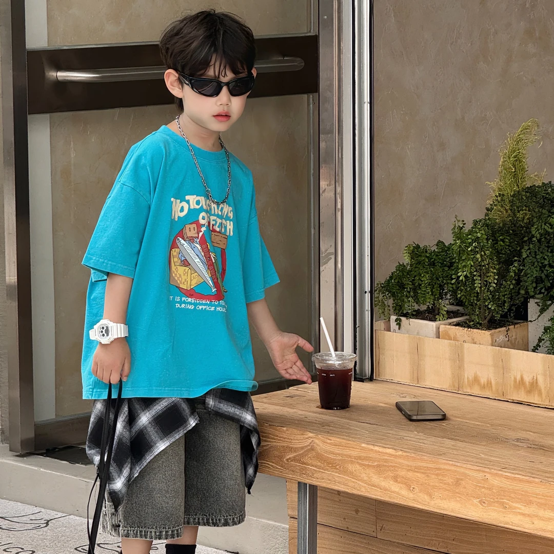 2025夏季新款韩版男童帅气印花短袖T恤儿童透气上衣宽松潮