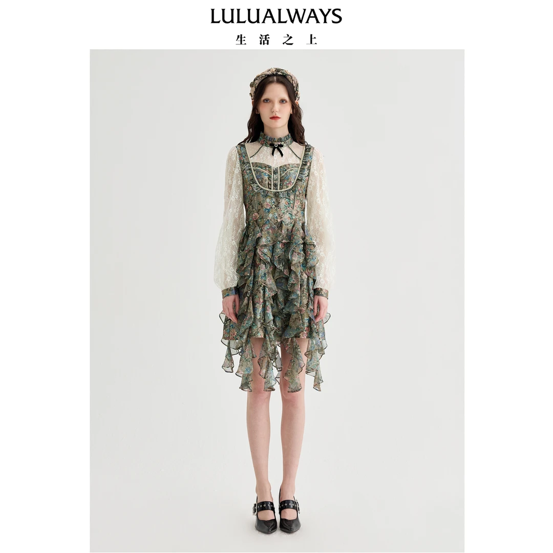 LULUALWAYS【商场同款】25春季新款法式复古宫廷层次感蕾丝连衣裙
