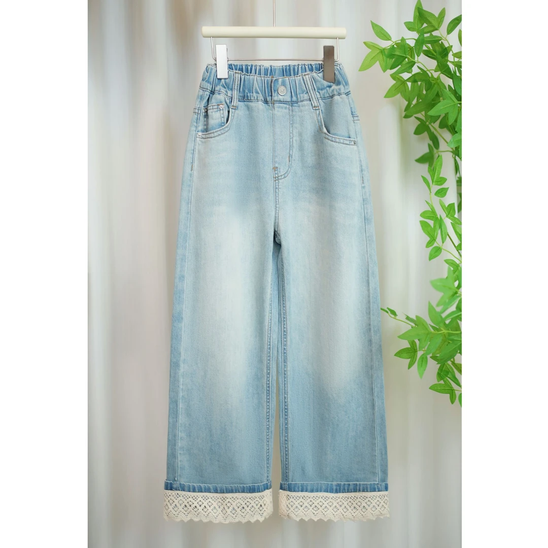 女童牛仔裤夏款2025夏季新款裤脚花边款中大童百搭休闲直筒裤A040
