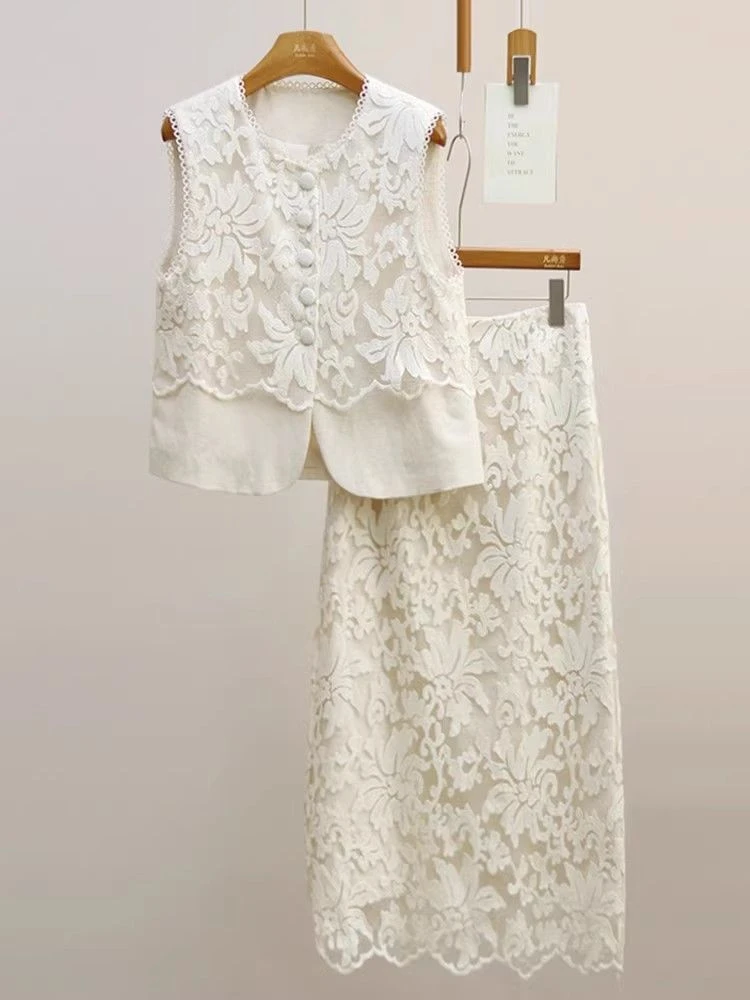 【花开云舒】新中式时尚蕾丝刺绣马甲修身半身裙气质小香风两件套女