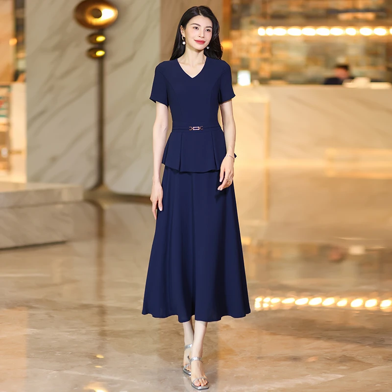 夏季藏蓝色轻职风时尚短袖假两件套洋气收腰显瘦高级感女装长款裙