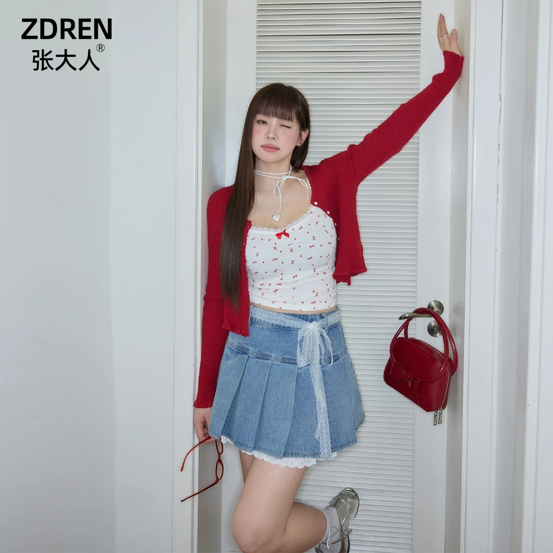 张大人【莓雾桃绯】大码女装微胖妹妹洋气韩系甜美百褶牛仔半裙套装