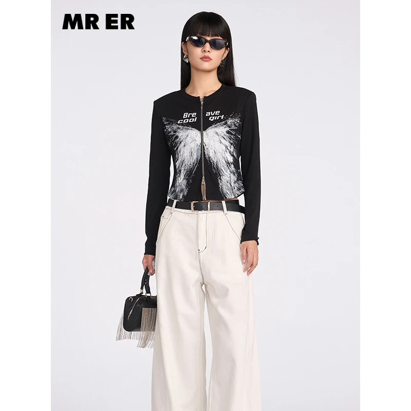 【尚雅专属】休闲百搭双拉链修身蝴蝶印花长袖T恤上衣R5A83463