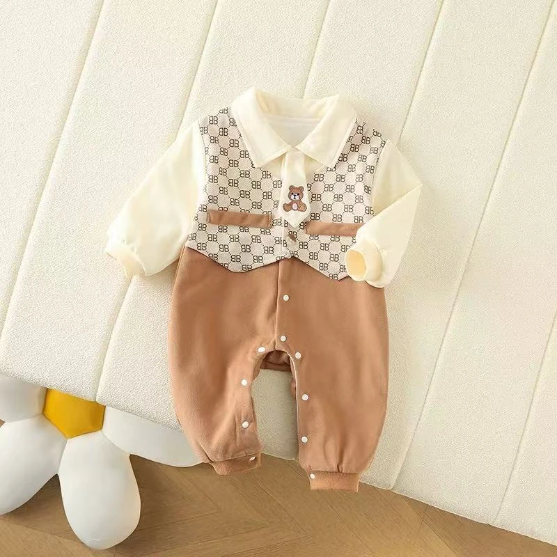 x【优选】婴儿春季新款男宝外出长袖绅士英伦风马甲小熊连体哈衣ly