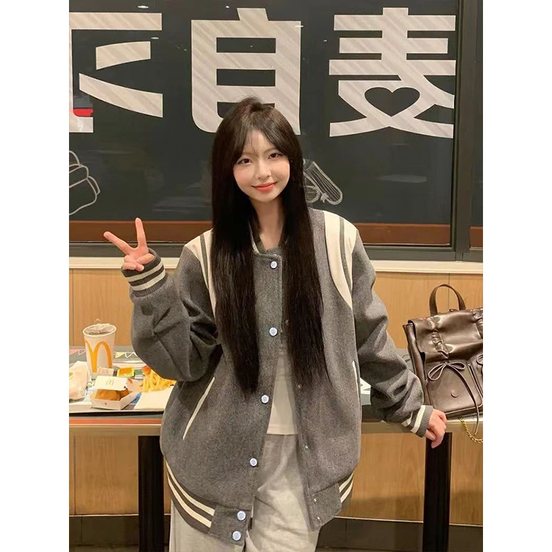 美式学院风撞色vibe风灰色棒球服外套女春秋季宽松百搭夹克上衣潮