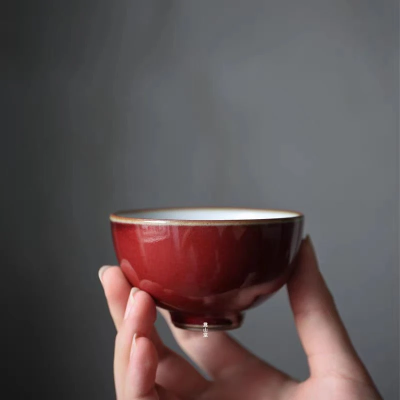 当代 震山堂祭红单个主人杯纯手工景德镇茶杯开片可养功夫茶茶杯