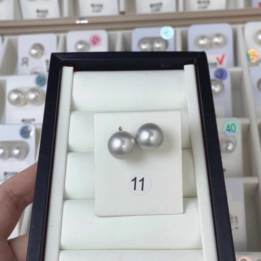 未镶嵌海水珍珠铂金灰素钉11-12mm