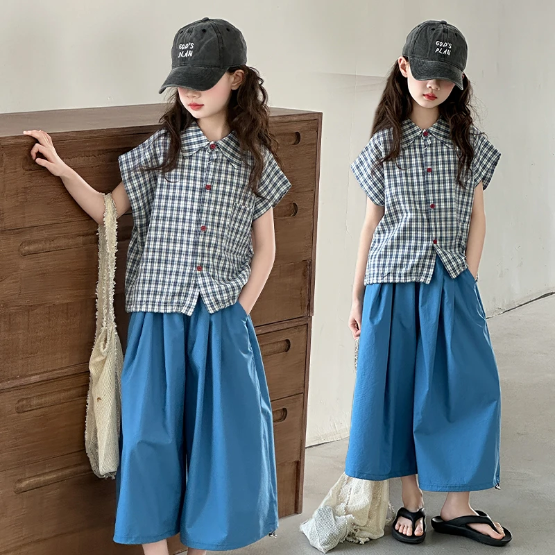 女童套装时髦洋气格子衬衫两件套童装夏季3-15岁时尚女孩宽松韩版