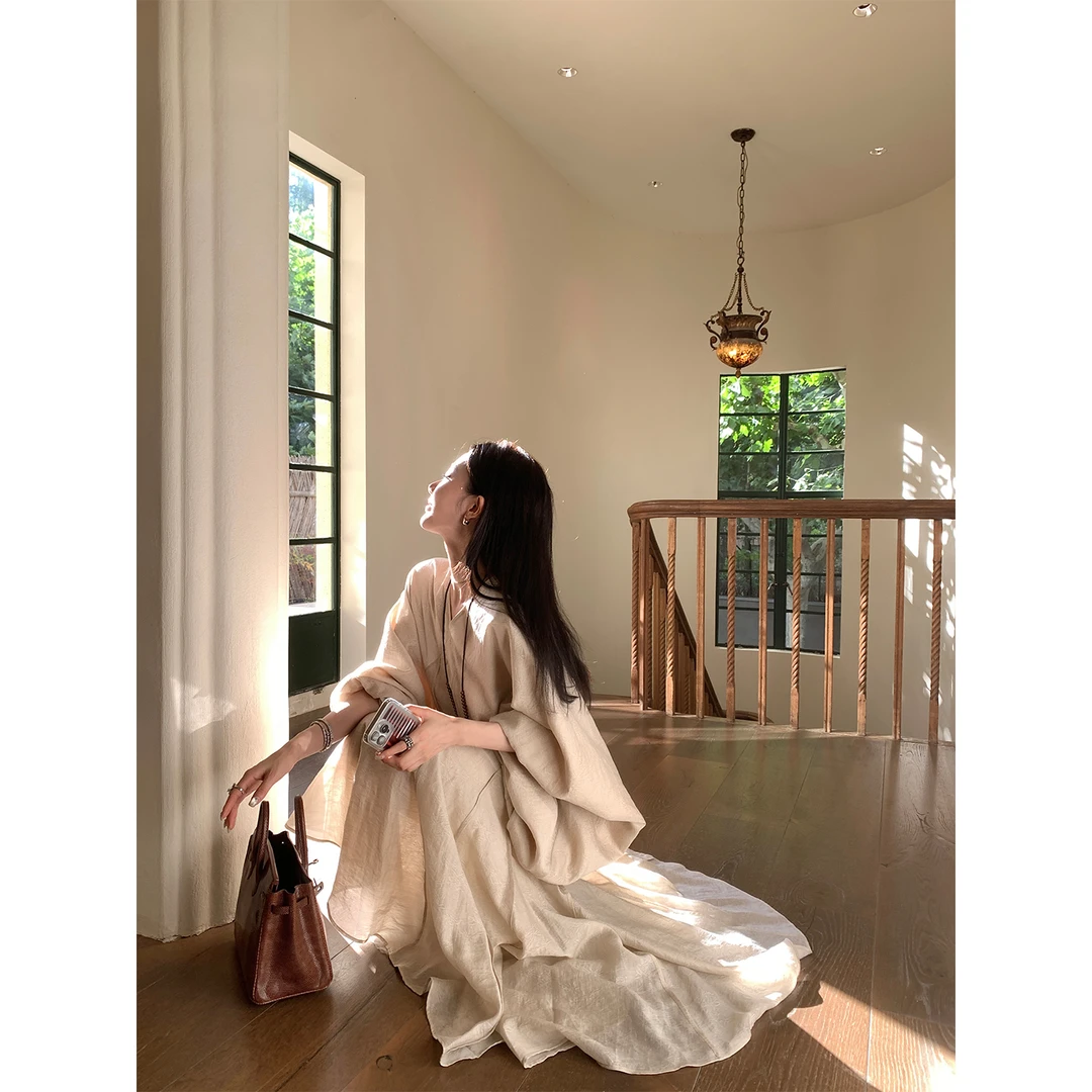 区区欧阳 新中式提花连衣裙女夏季新款蝙蝠袖宽松复古A字长裙