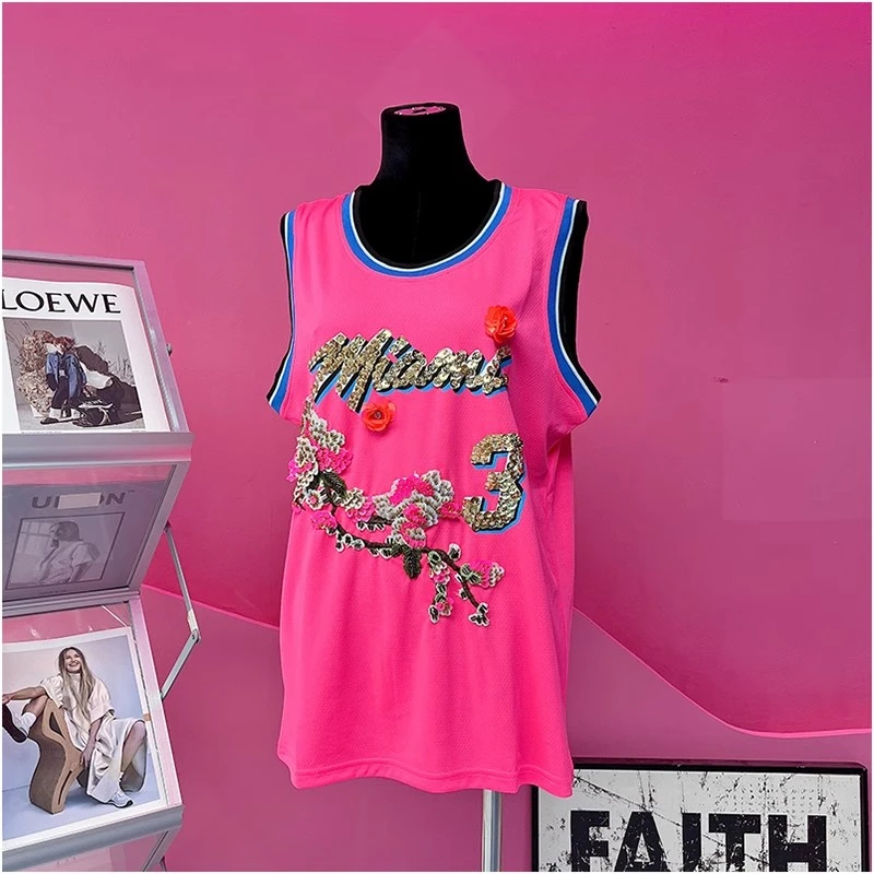 A2040欧美设计师2025夏季新款重工刺绣亮片花字母休闲球服背心女