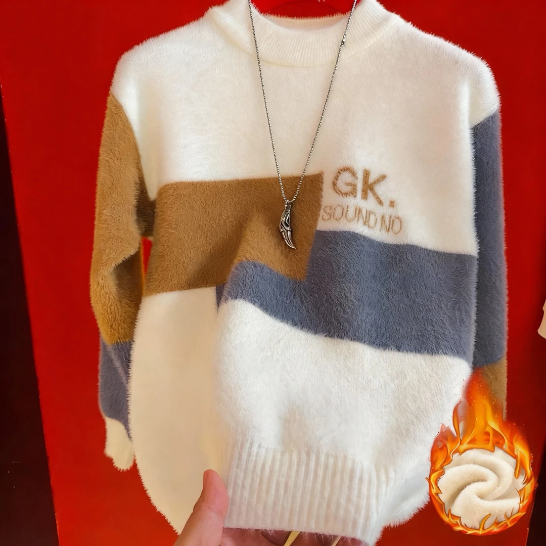 超时代男士冬季半高领针织双面绒保暖时尚百搭套头毛衣