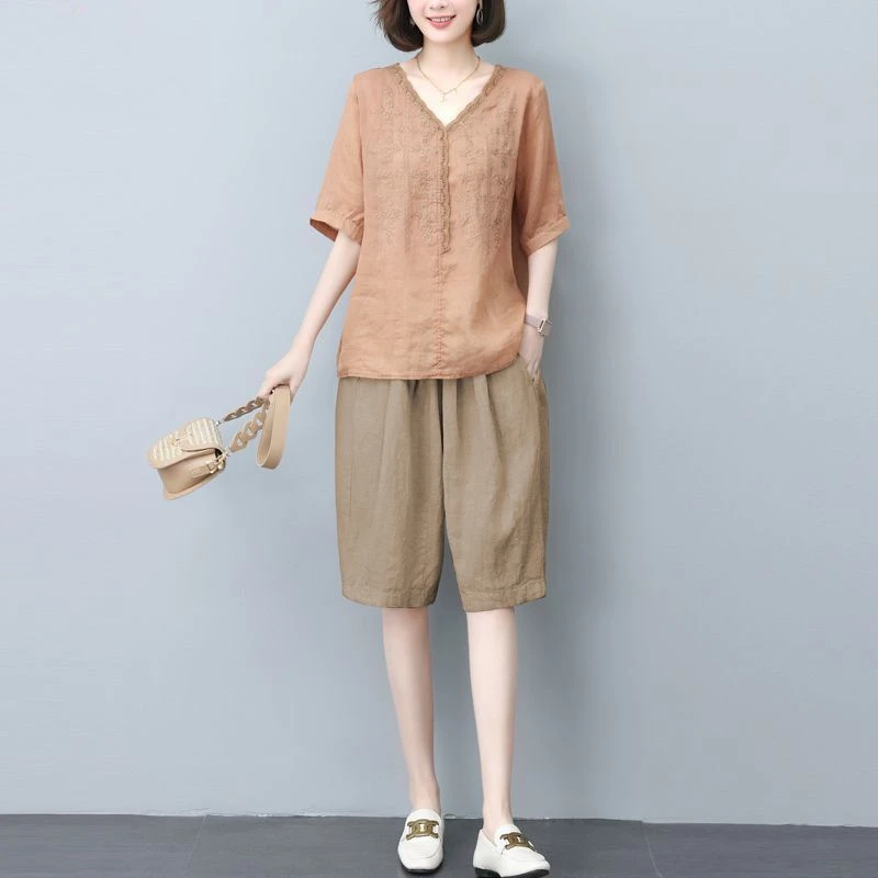 短袖套装女2025夏季新款中年妈妈正肩T恤棉质短裤夏装时尚两件套