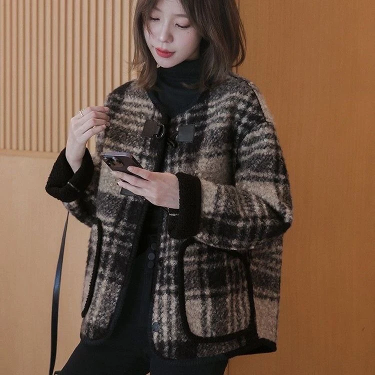 格子撞色气质仿羊羔毛加绒外套女秋冬季新款韩版宽松显瘦毛呢大衣