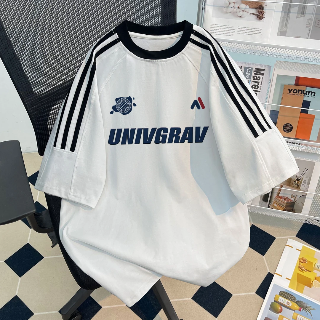 夏季装新款男童三条杠短袖T恤美式潮牌字母印花中大童百搭上衣服