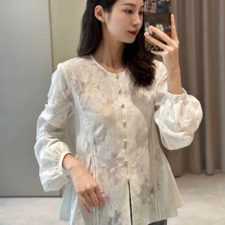 【丹丹】优雅气质桑蚕丝法式设计感烧花通勤白色衬衫 Y2569