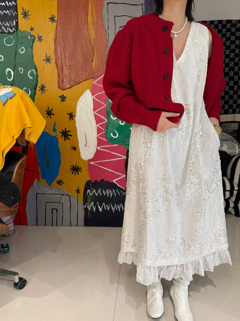 V领无袖双层拼接亮片连衣裙 J24Q315