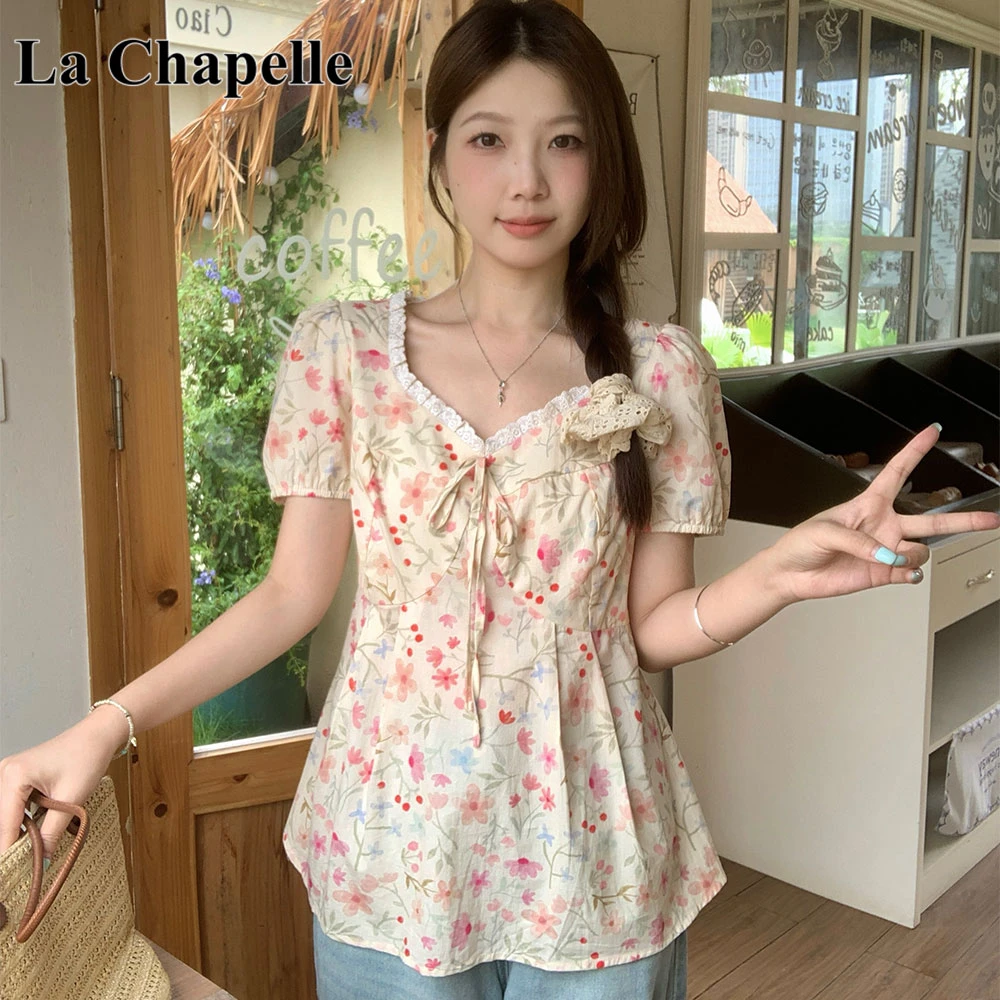 拉夏贝尔夏新款大码胖MM女法式甜美碎花衬衫修身显瘦独特绝美上衣