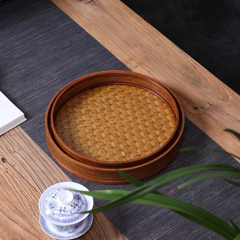 竹编大漆圆型茶盘手工编织复古茶具奉茶收纳盘中式点心水果竹托盘