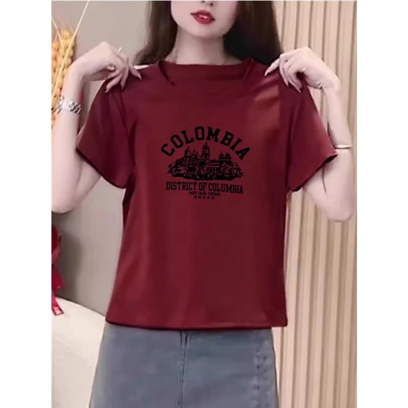酒红色正肩字母印花短袖T恤女夏季2025新款时尚洋气爆款百搭上衣