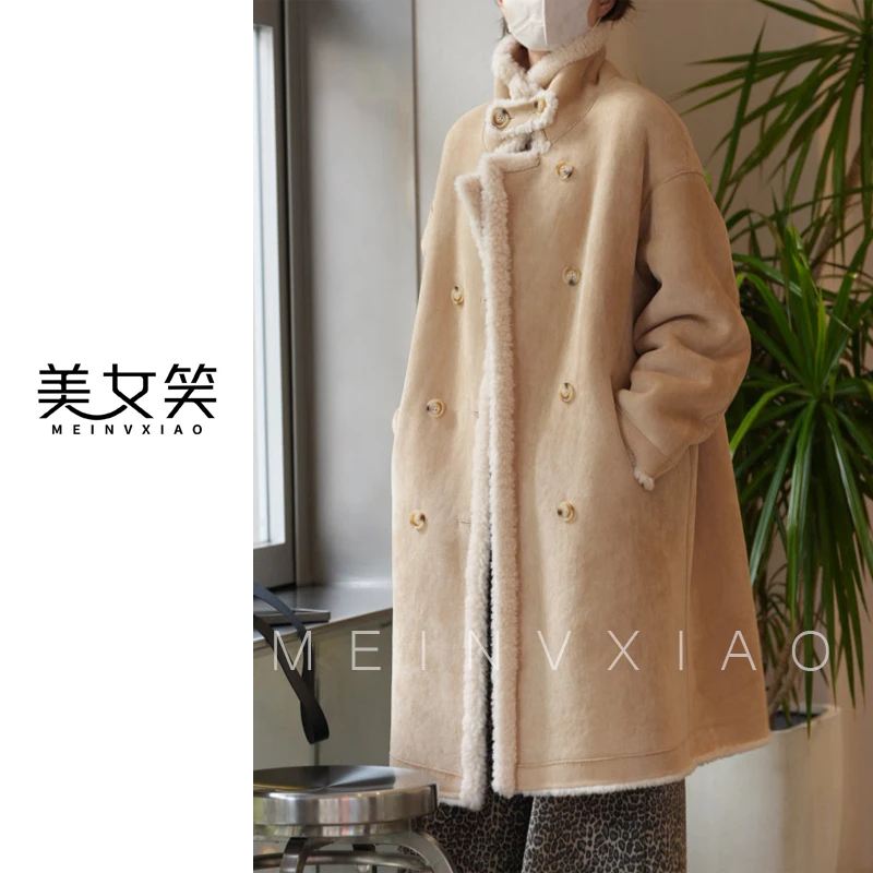 美女笑MNX【暖暖】100%绵羊毛百搭双面保暖气质韩版立翻领冬季加厚