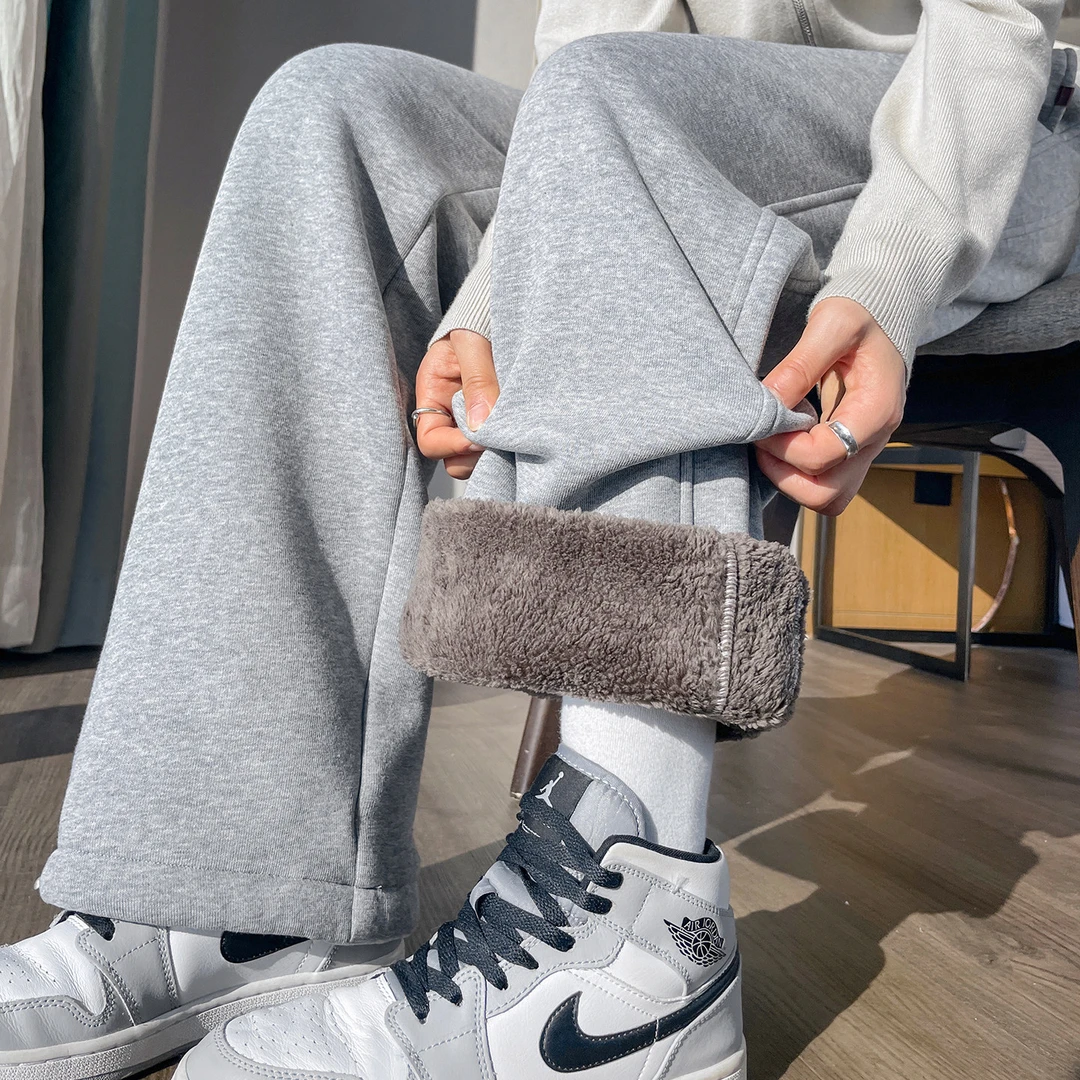 加绒直筒运动裤女款冬季羊羔绒裤子高腰加厚棉裤灰色阔腿抽绳卫裤